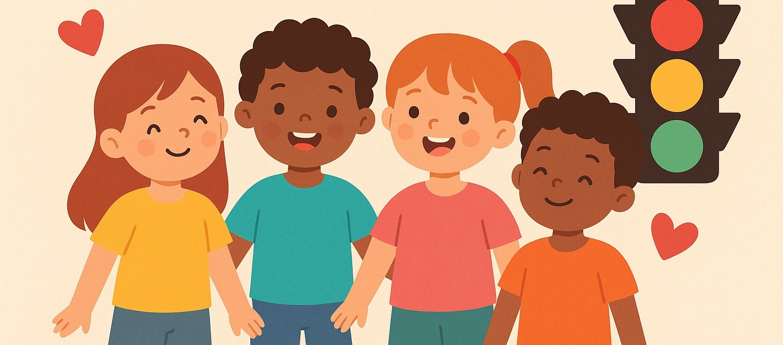 La imagen muestra cuatro niños sonrientes y tomados de la mano, rodeados de corazones que simbolizan cariño. A un lado aparece un semáforo de colores, usado como recurso educativo para enseñar respeto y cuidado del cuerpo.